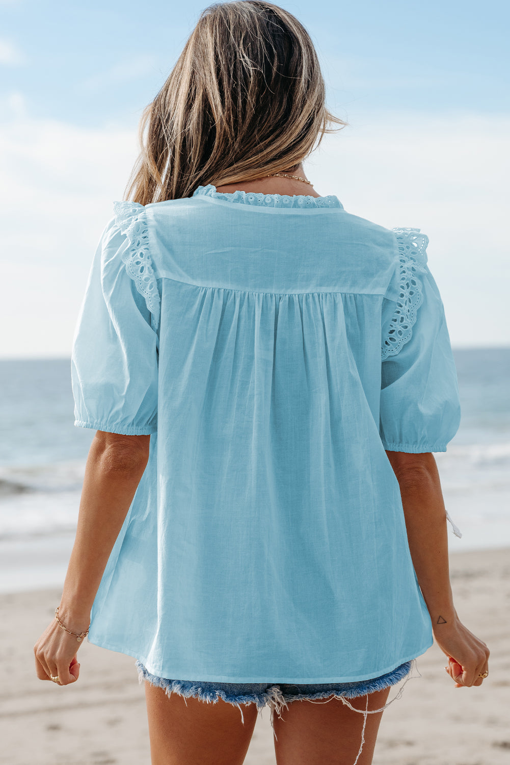 Blue Embroidered Lace Patchwork Tie Neck Puff Short Sleeve Blouse eAura