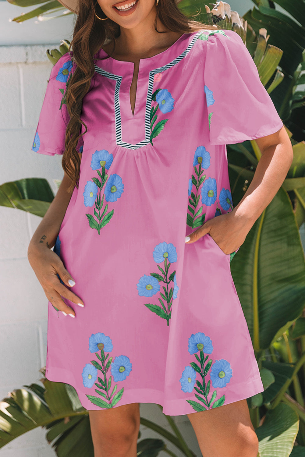 Floral Short Sleeve Split Neck Loose Mini Dress eAura