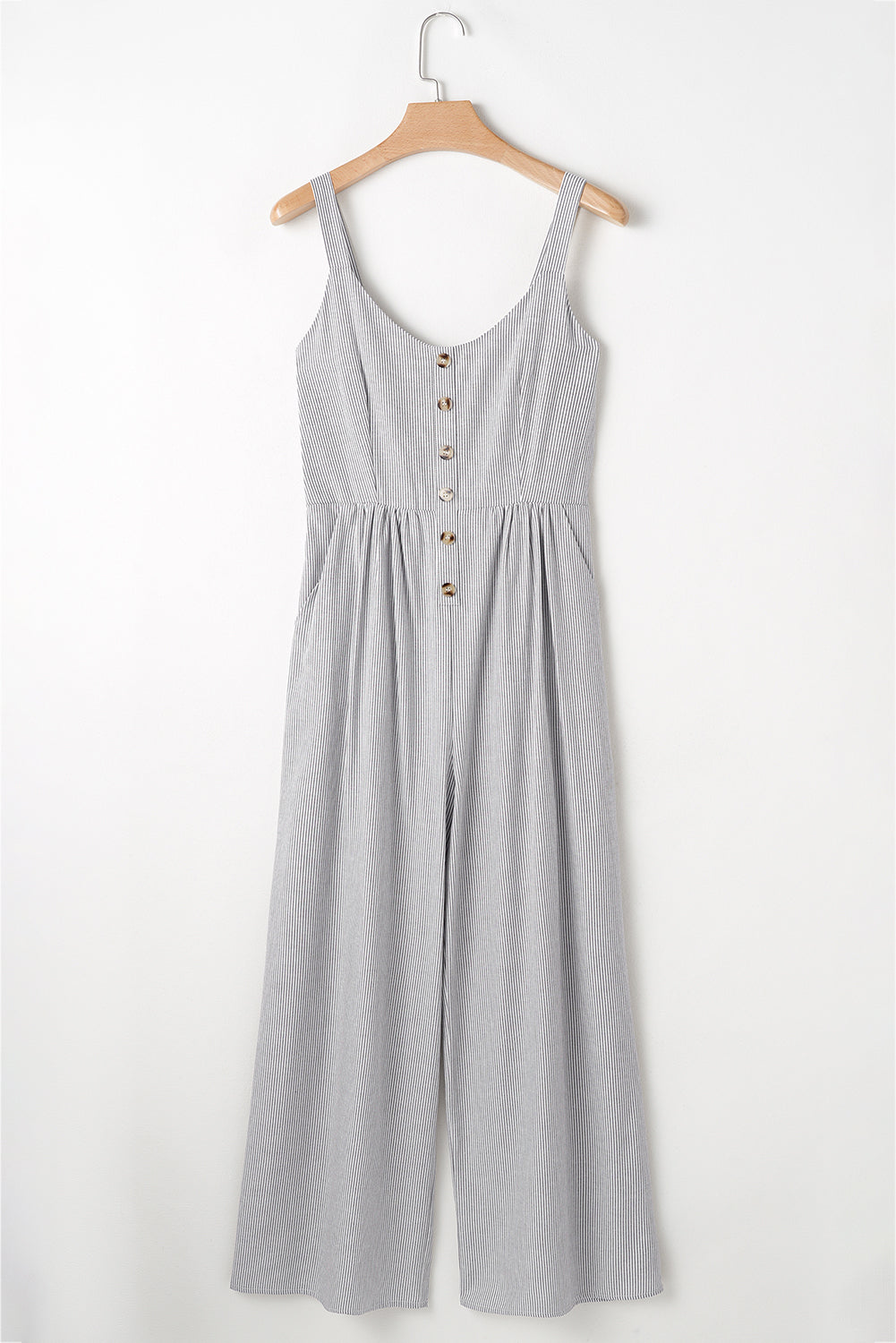 Black Stripe Half Buttoned Sleeveless Wide Leg Jumpsuit BB Fashion Outlet