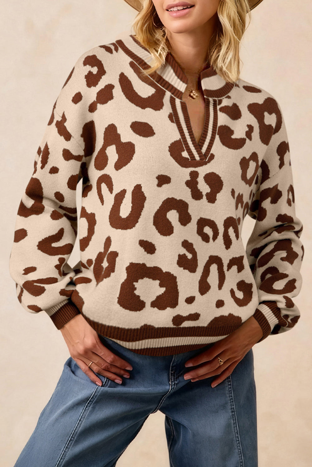 Beige Leopard Printed Knit V-Neck Casual Sweater - eAura