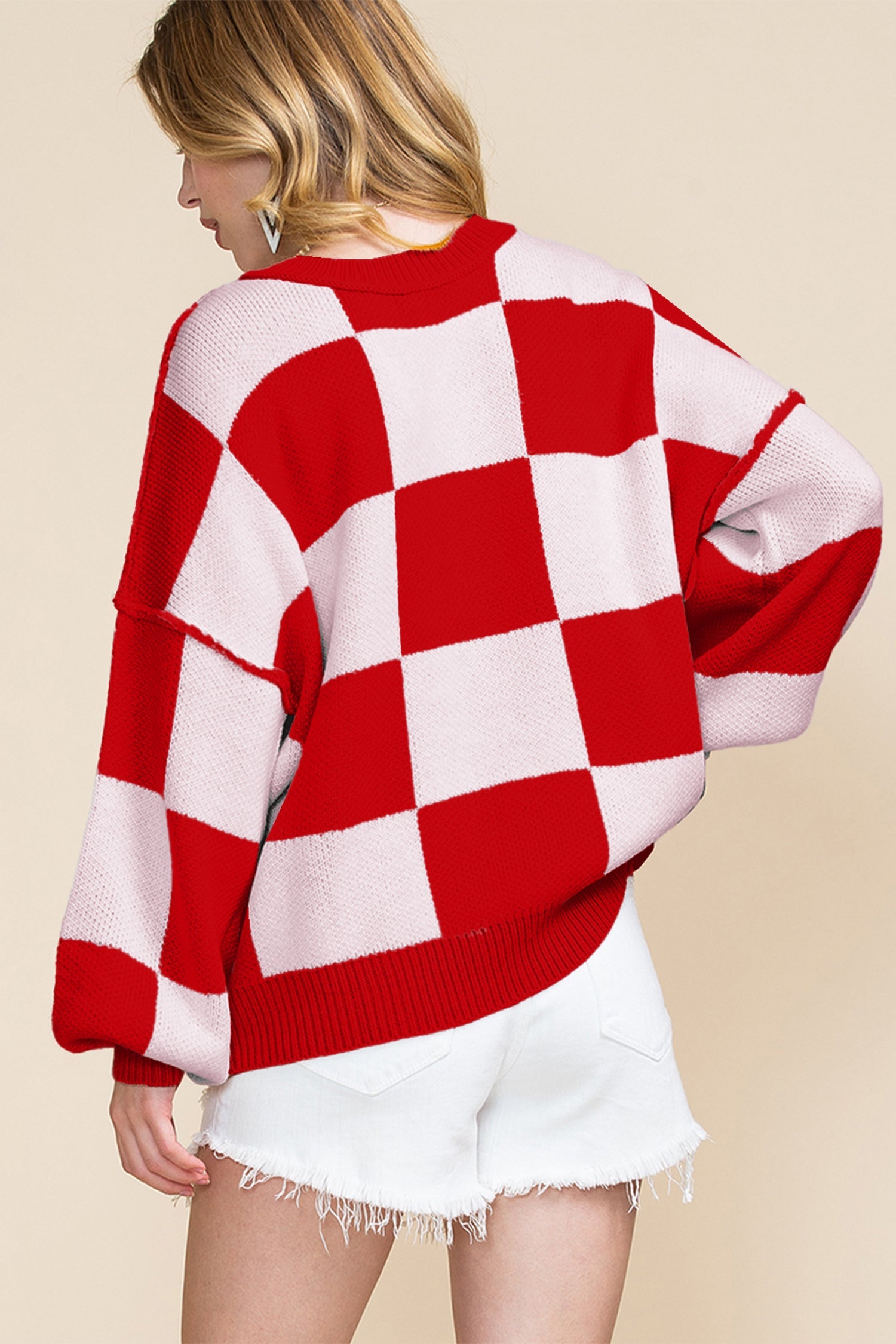 Checkered Bishop Sleeve Sweater - Sweaters & Cardigans/Sweaters