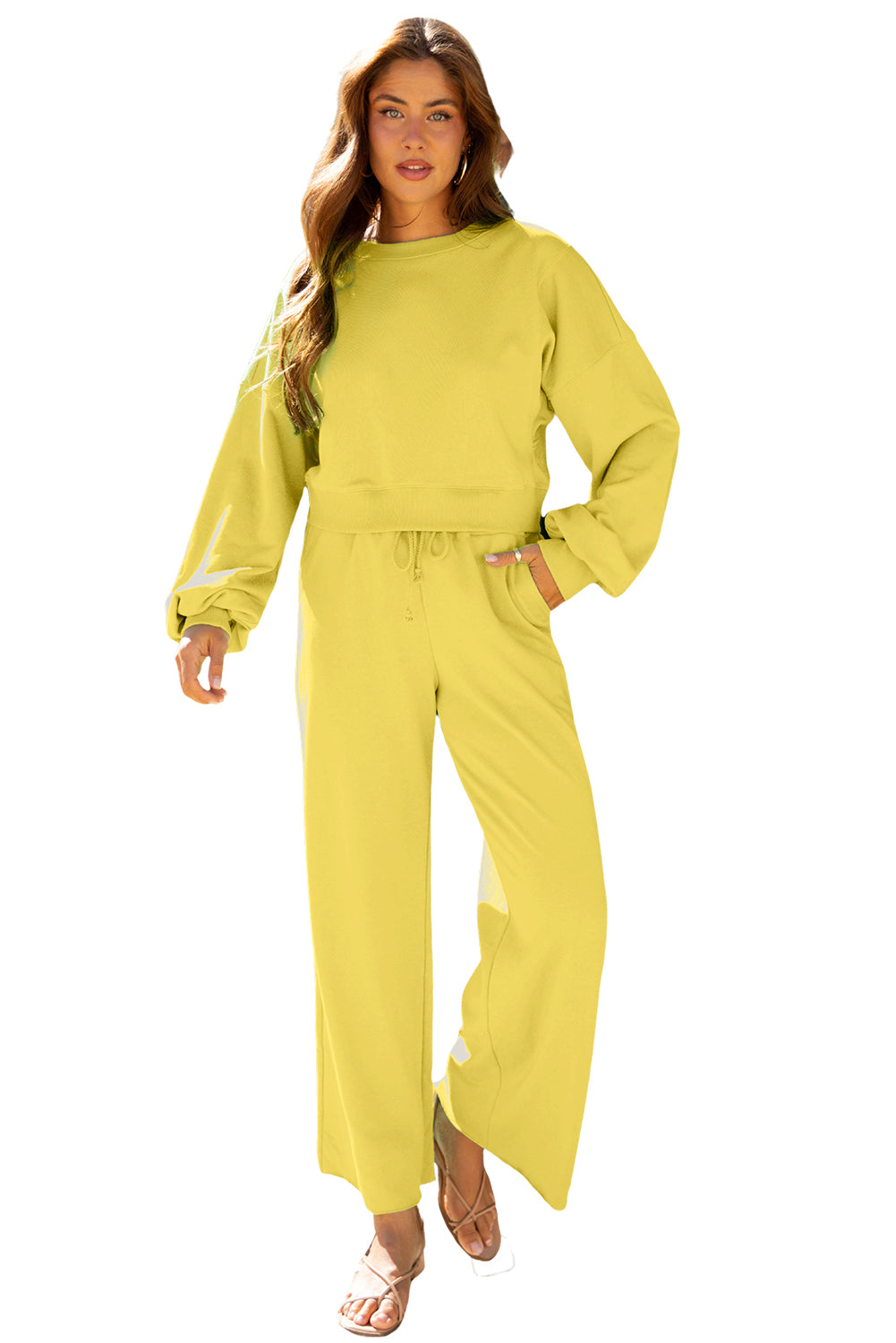 Drop Shoulder Puff Sleeve Crop Pullover and Drawstring Wide Leg Trousers Co-ord Set eAura