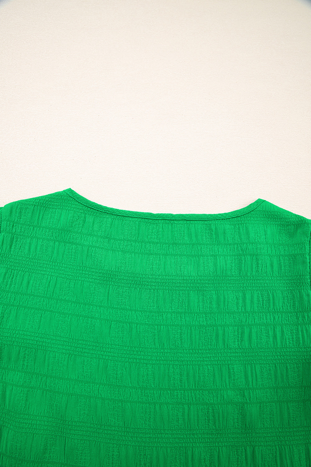 Dark Green Textured Ruffled Sleeve Round Neck Top eAura