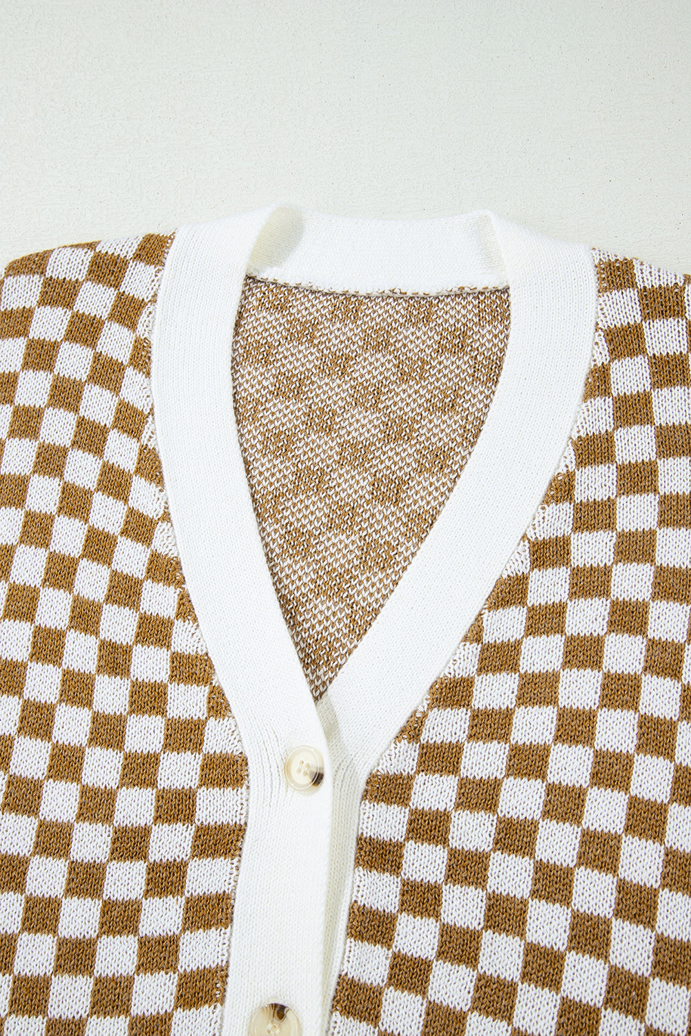 Brown Checkered Striped Patched Buttoned V Neck Cardigan eAura