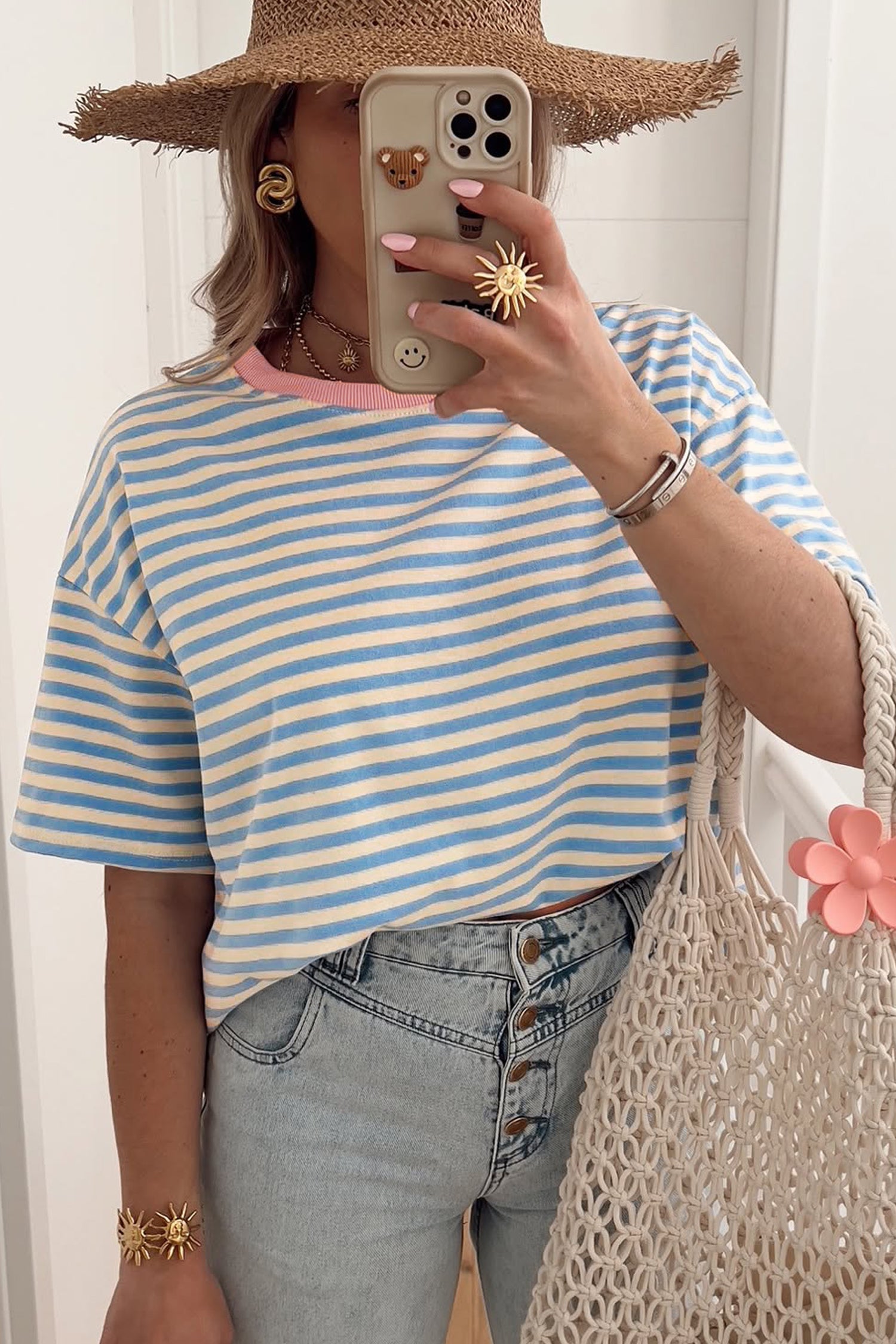 Stripe Contrast Crew Neck Drop Shoulder Loose Tee
