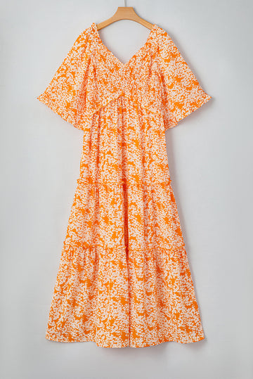 Orange Floral Print Smocked V Neck Wide Sleeve Maxi Dress - Dresses/Floral Dresses