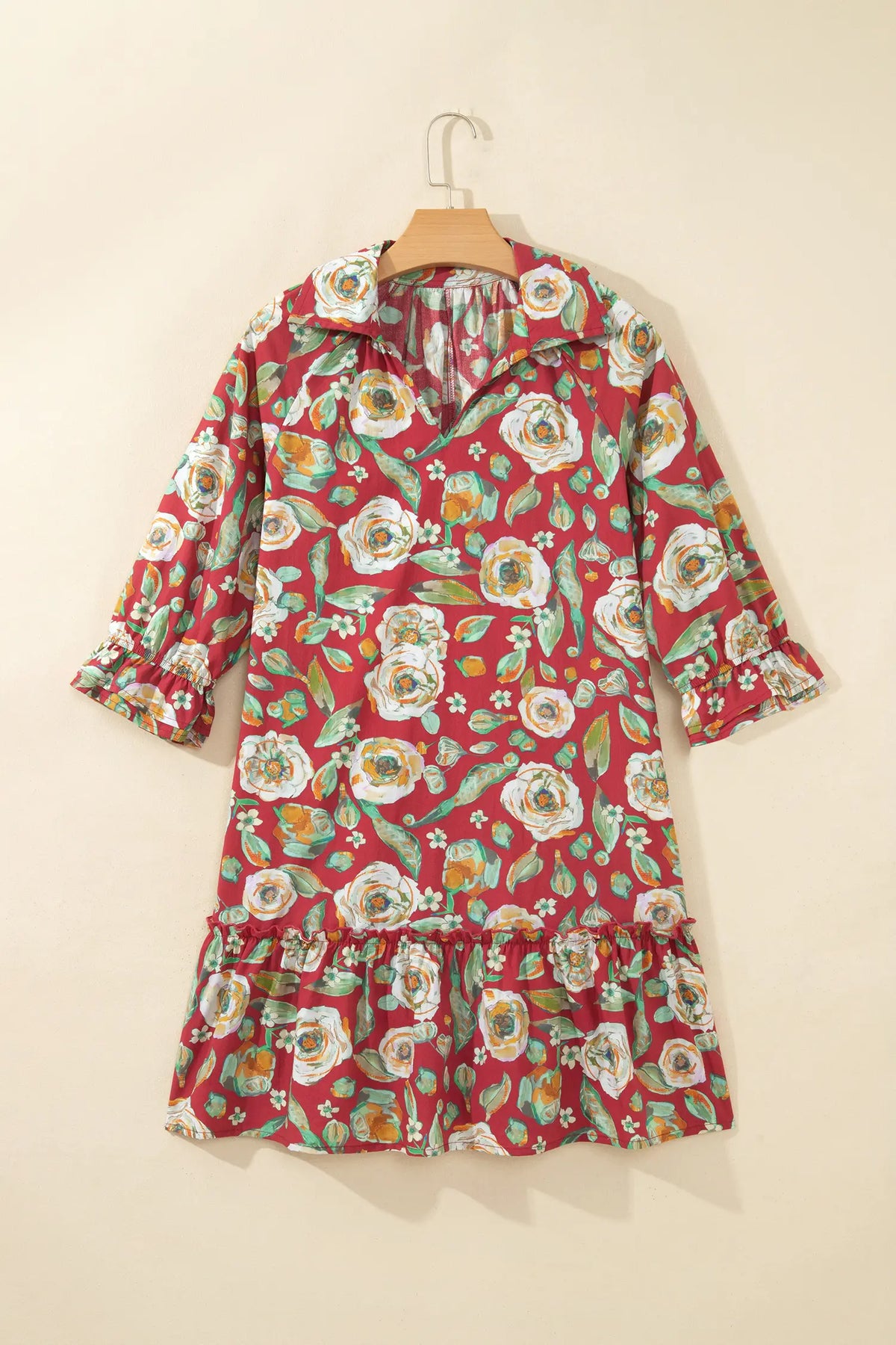 Floral Print Half Sleeve Short Shift Dress – Red