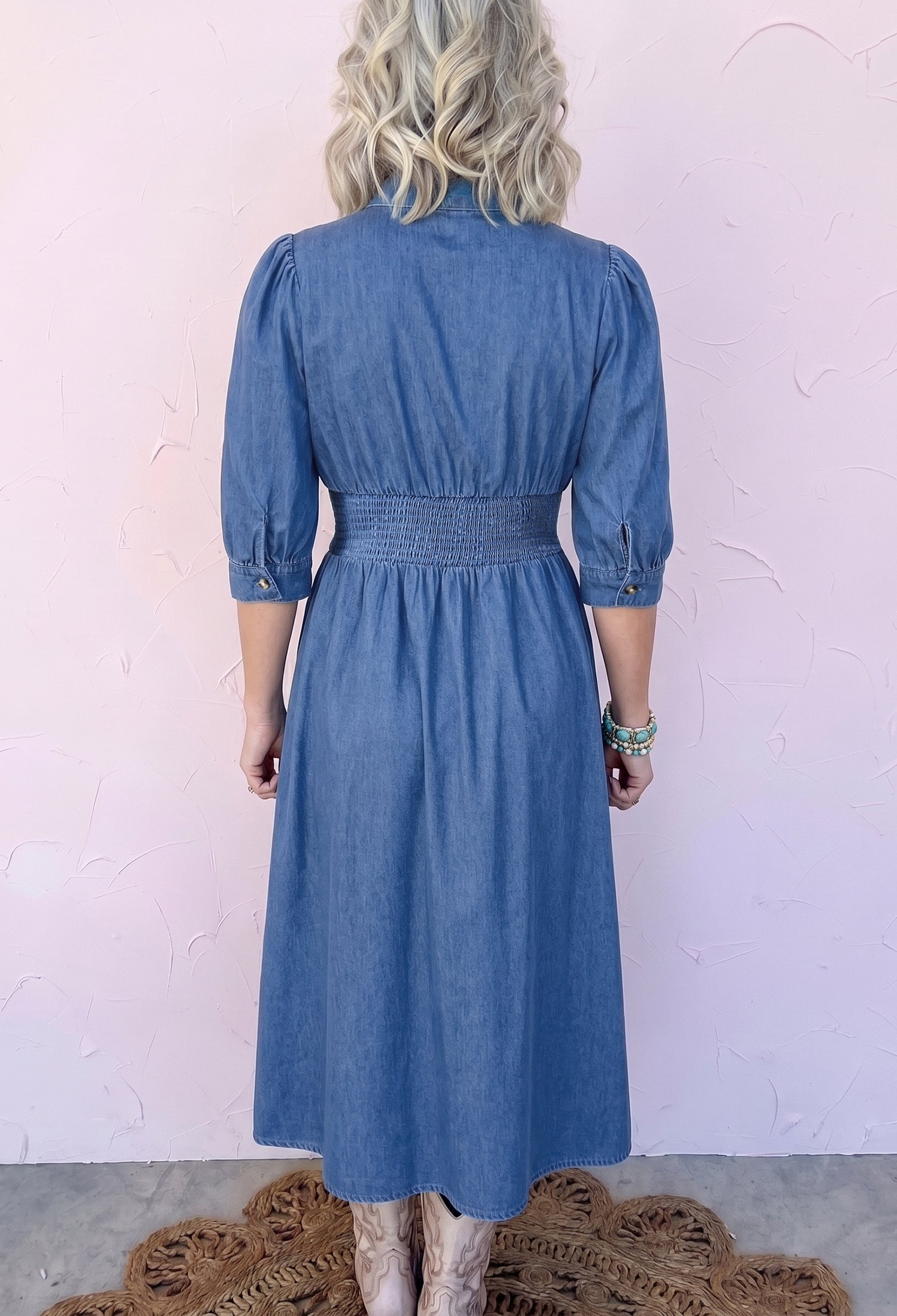 V Neck Shirred Waist Metal Zipper Denim Midi Dress – Blue