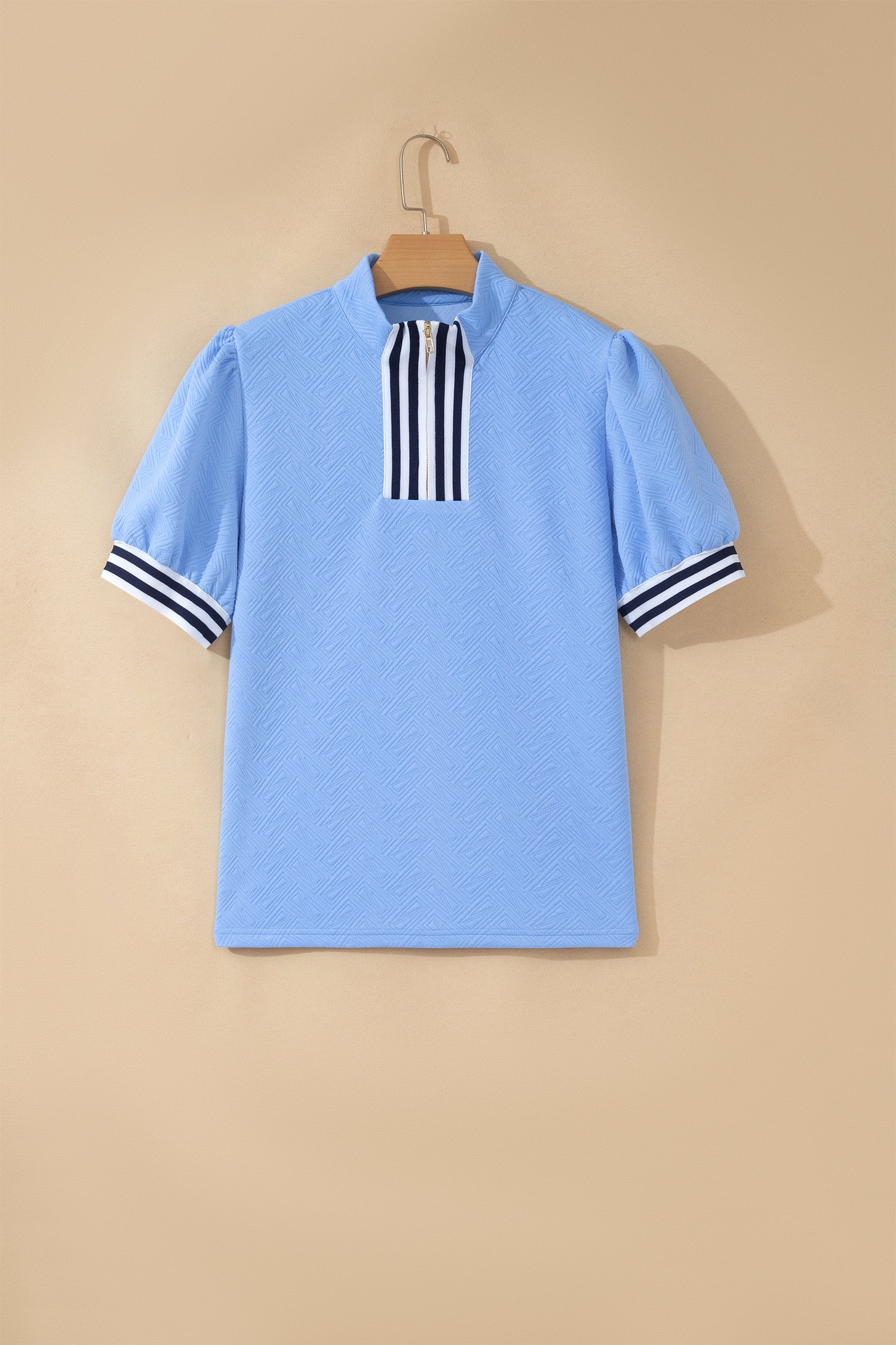 Myosotis Stylish Textured Stripe Trim Split Neck Puff Sleeve Top – Blue