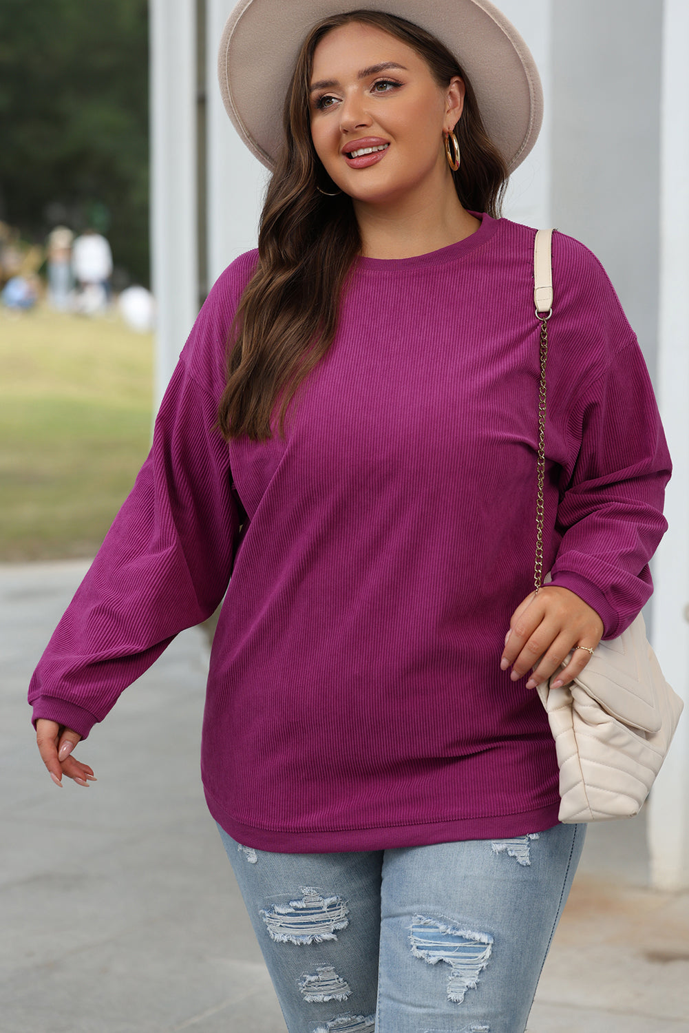 White Ribbed Corduroy Oversized Sweatshirt eAura