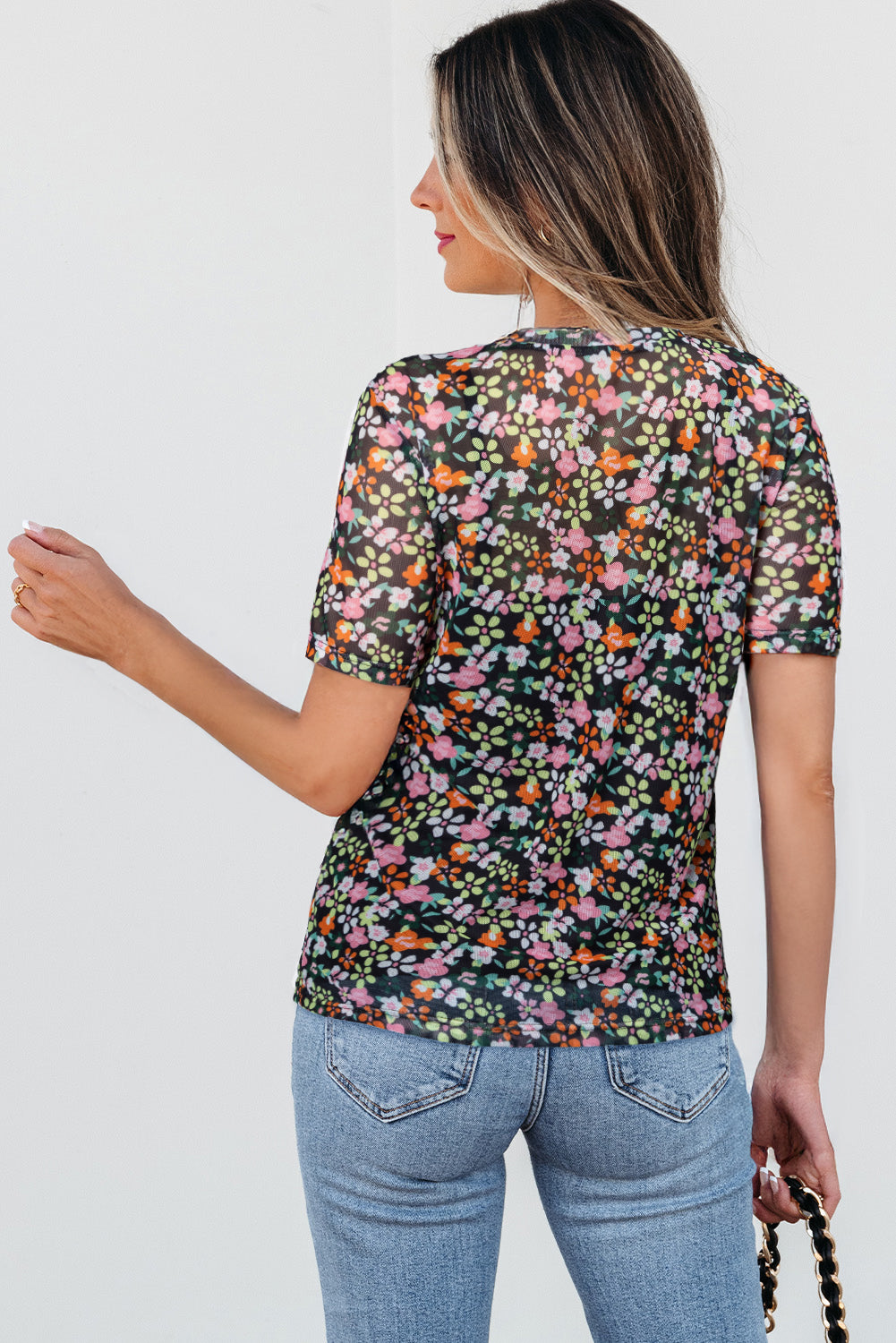 Black Sheer Floral Mesh Round Neck T-Shirt eAura