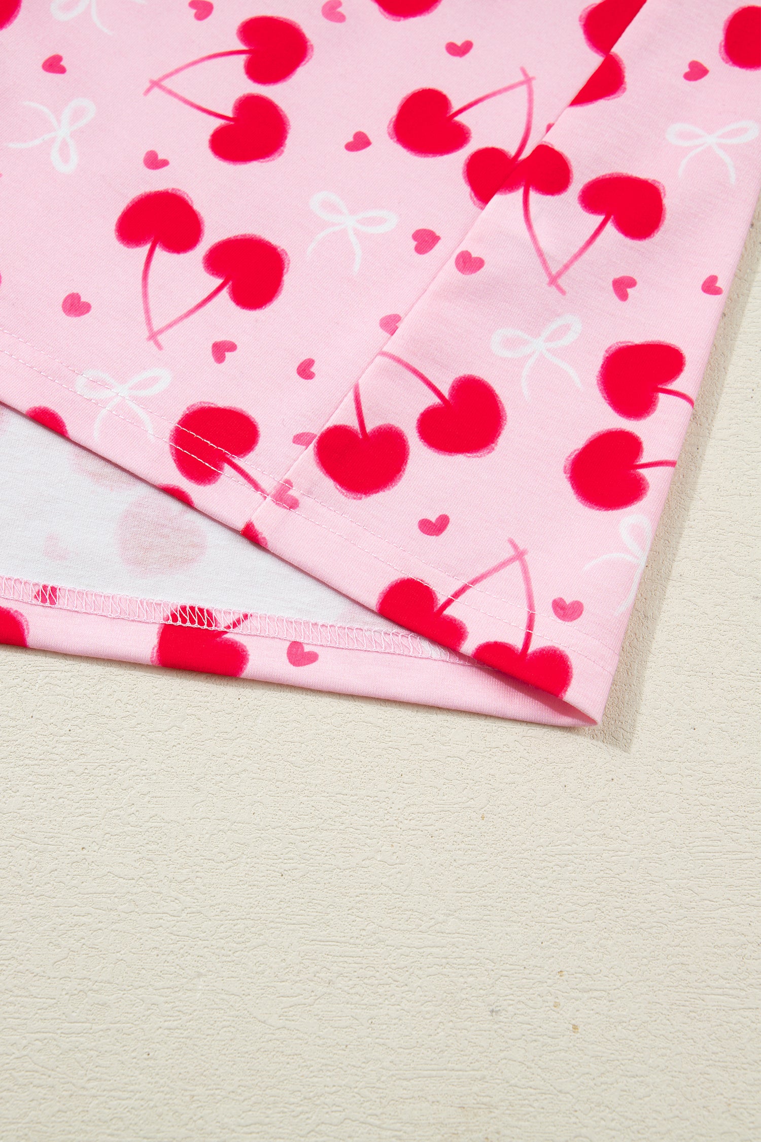 Cherry Bow Mixed Print Scalloped Edge Short Pajama Set – Rose