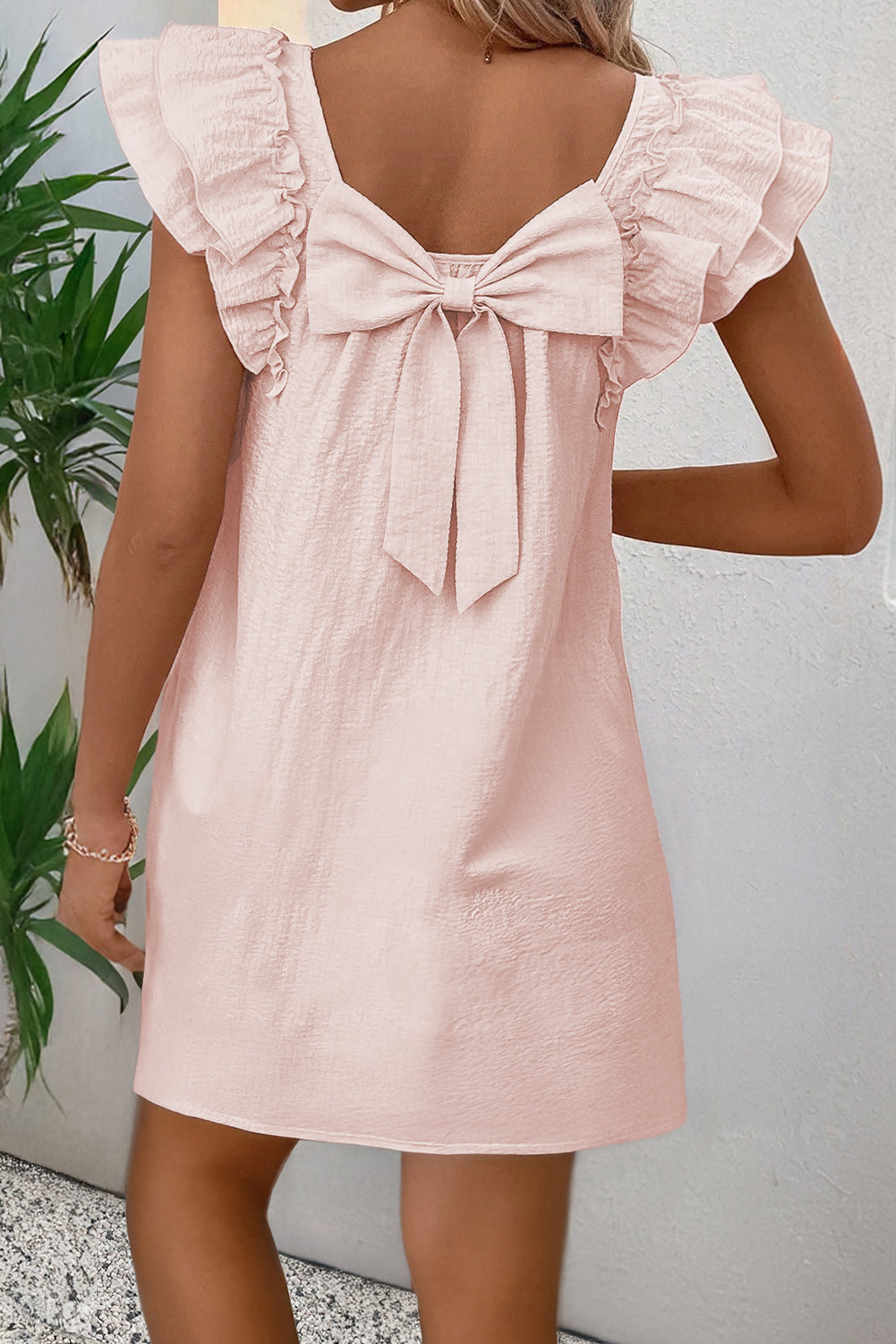 Light Pink Textured Flutter Sleeve Square Neck Bow Back Mini Dress eAura