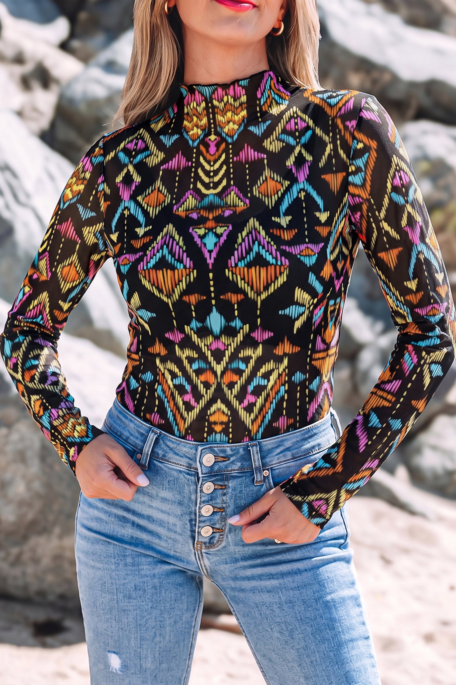 Abstract Print Long Sleeve Stand Neck Mesh Top – Color Black