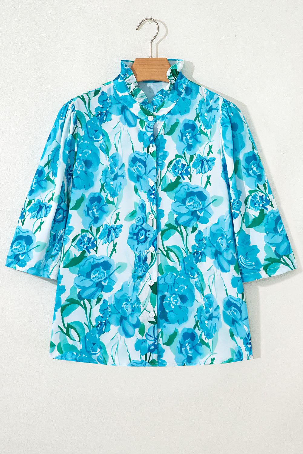 Green Floral Frilled Collar Three Quarters Sleeve Elegant Shirt - eAura