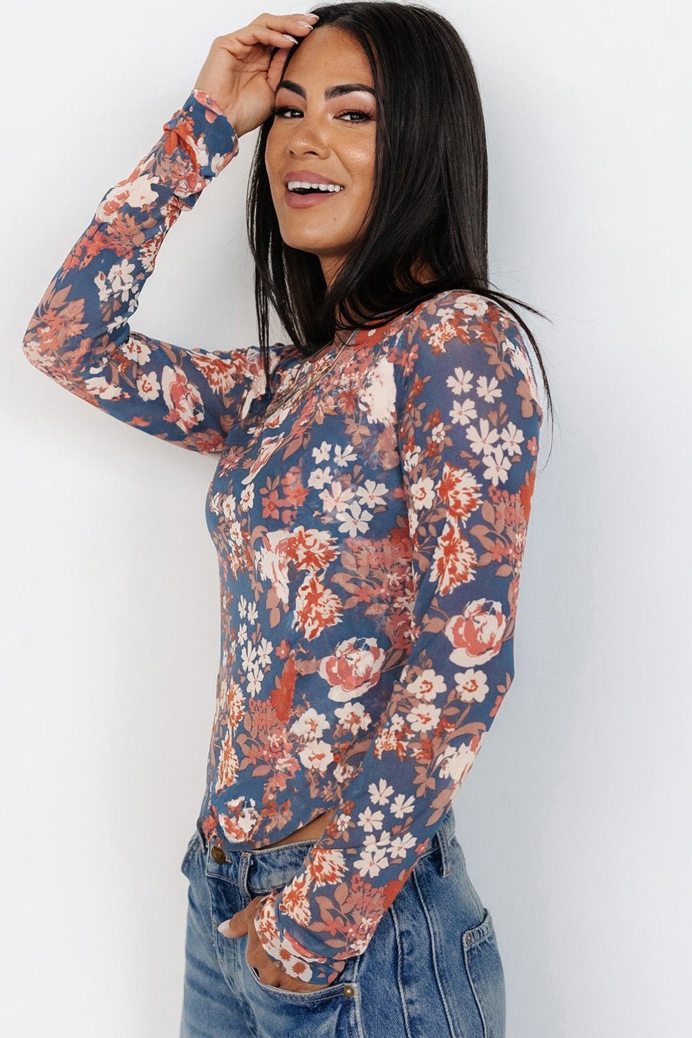 Orchid Petal Floral Print Mesh Fitted Long Sleeve Top eAura