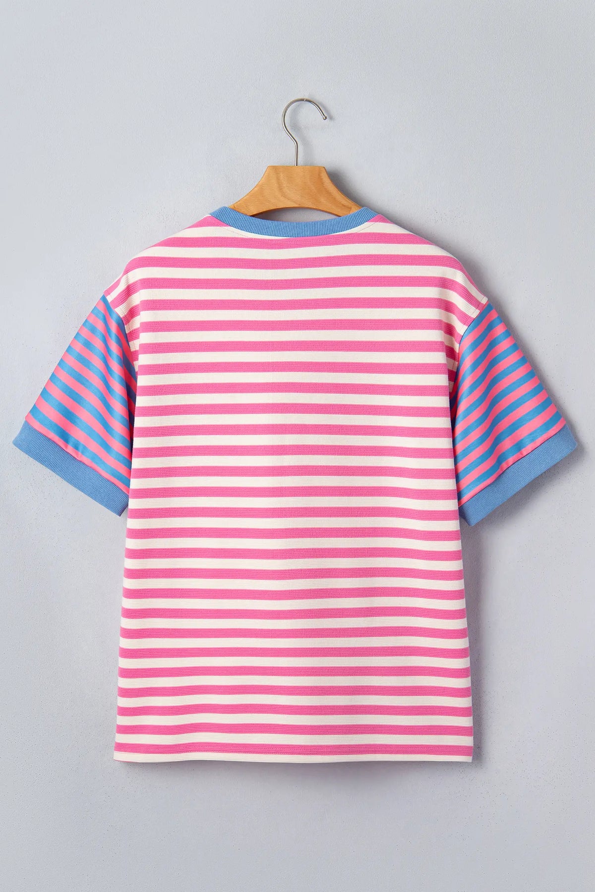 Contrast Patchwork Short Sleeve Loose Tee – Pink Stripe
