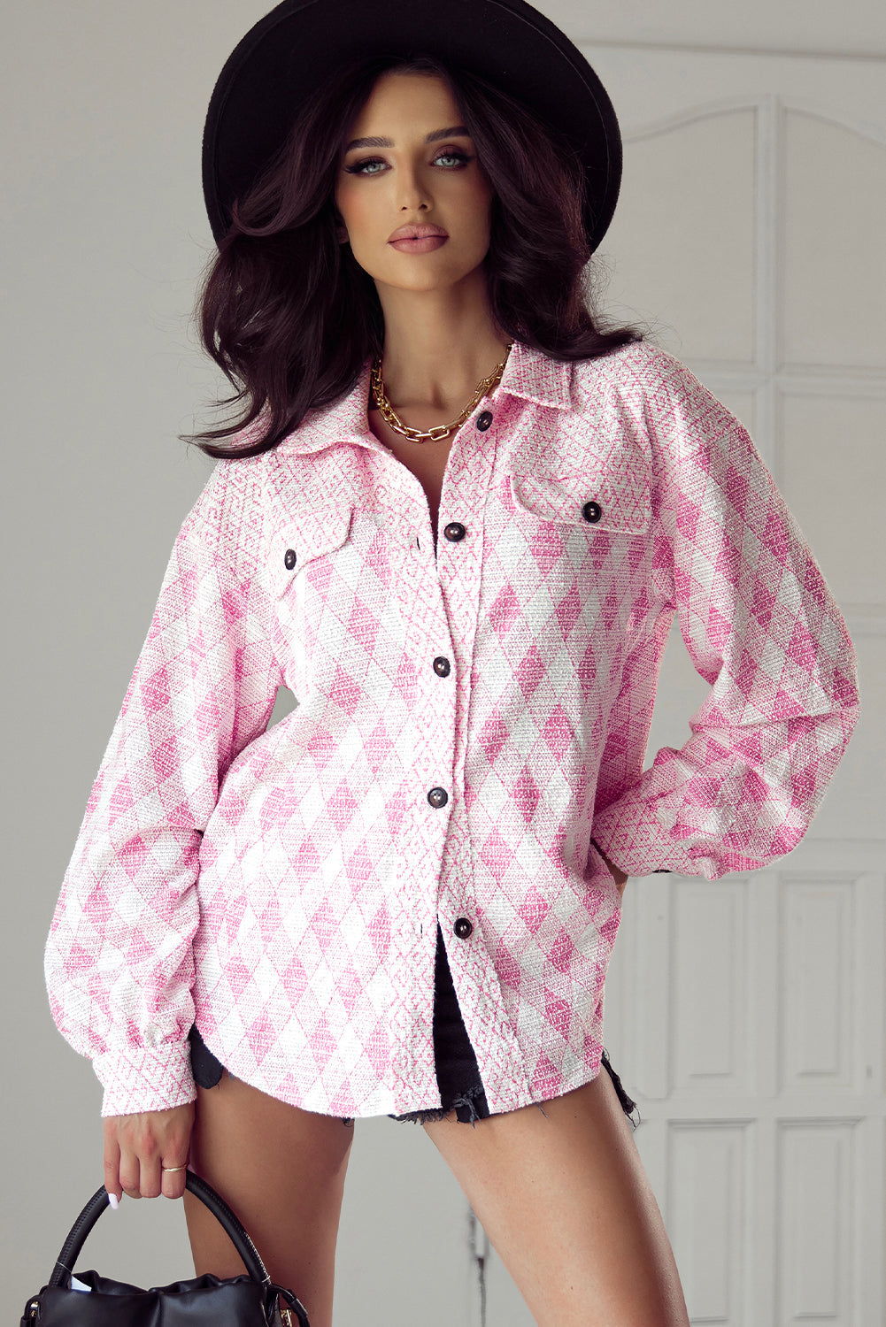 Delicacy Geometric Print Textured Flap Detail Shacket with Pocket Beagle Boutique Fashion Outlet