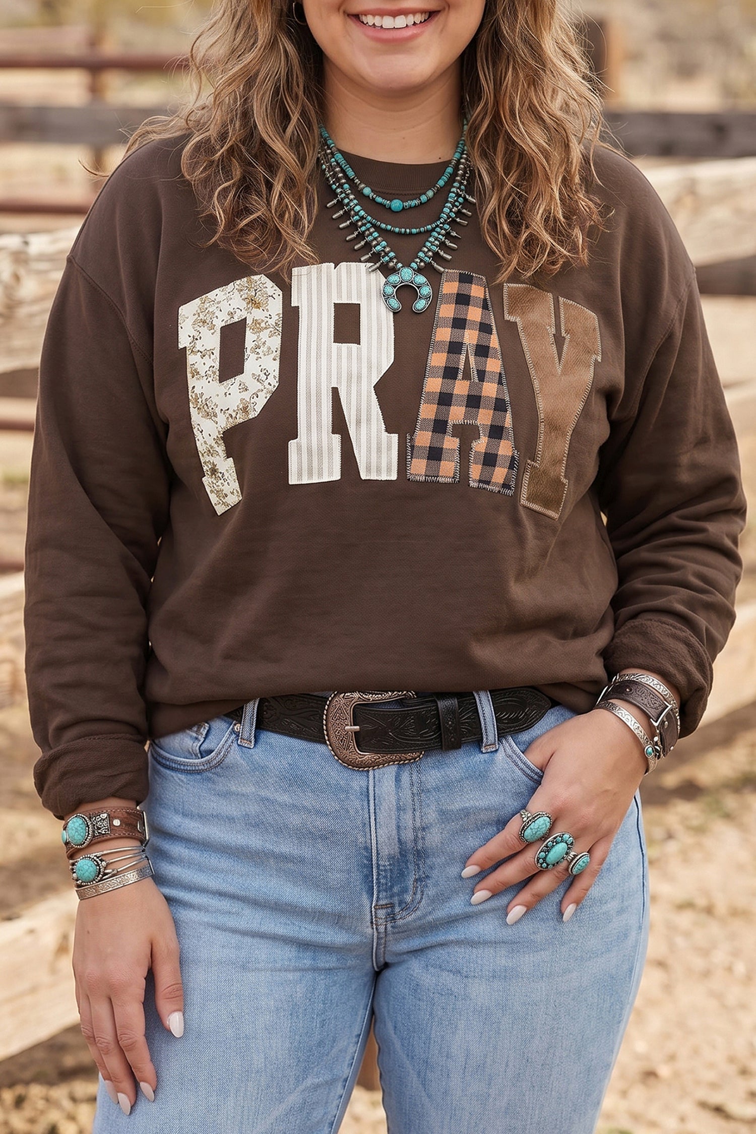 Coffee PRAY Letter Patchwork Round Neck Long Sleeve Plus Size Sweatshirt – Brown