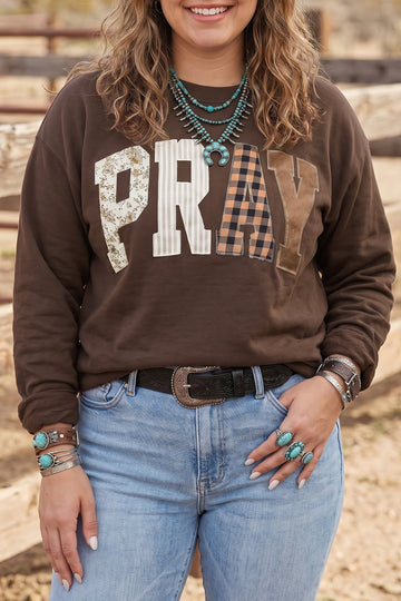 Coffee PRAY Letter Patchwork Round Neck Long Sleeve Plus Size Sweatshirt – Brown