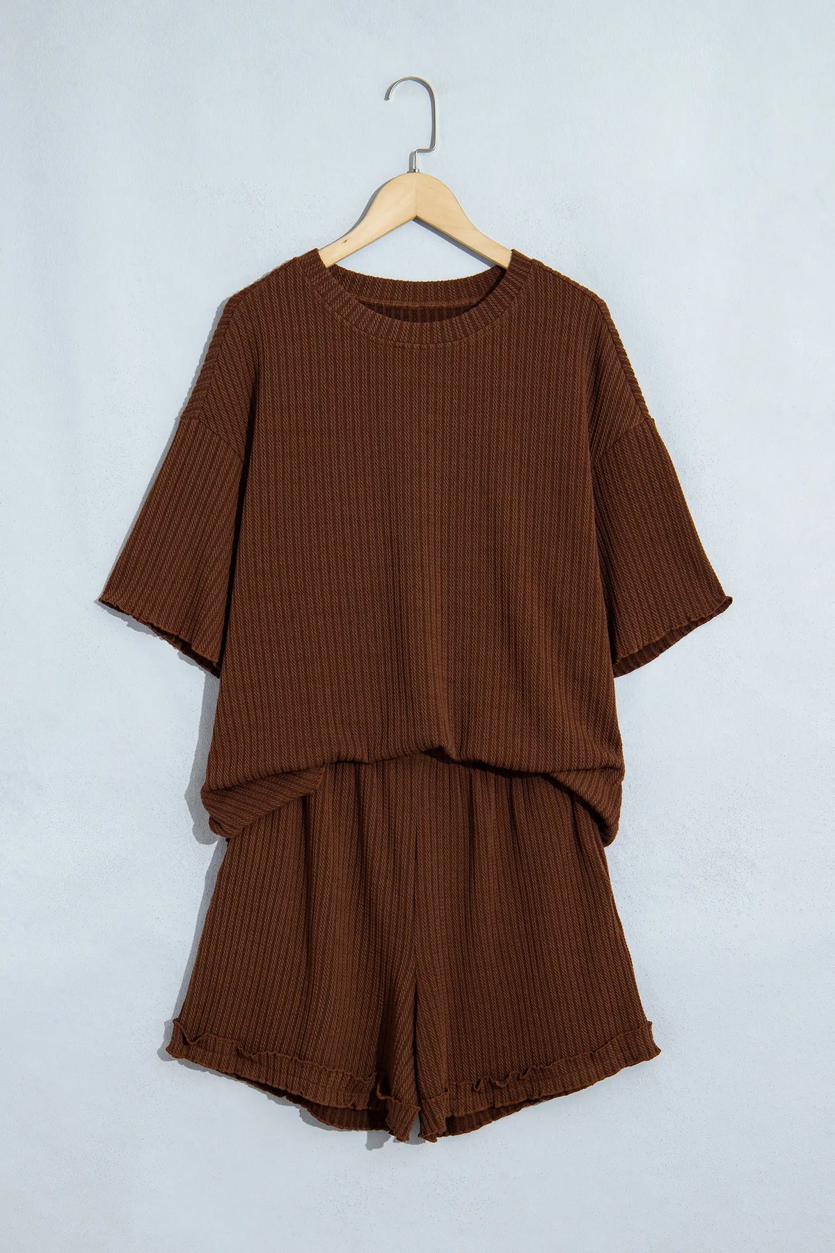 Textured Ribbed Knit Lettuce Trim 2pcs Lounge Set – Dark Brown