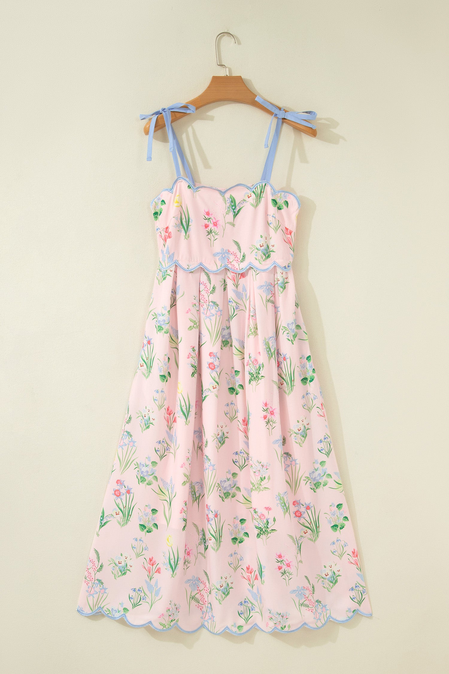 Floral Print Contrast Trim Self-Tie Straps Midi Dress