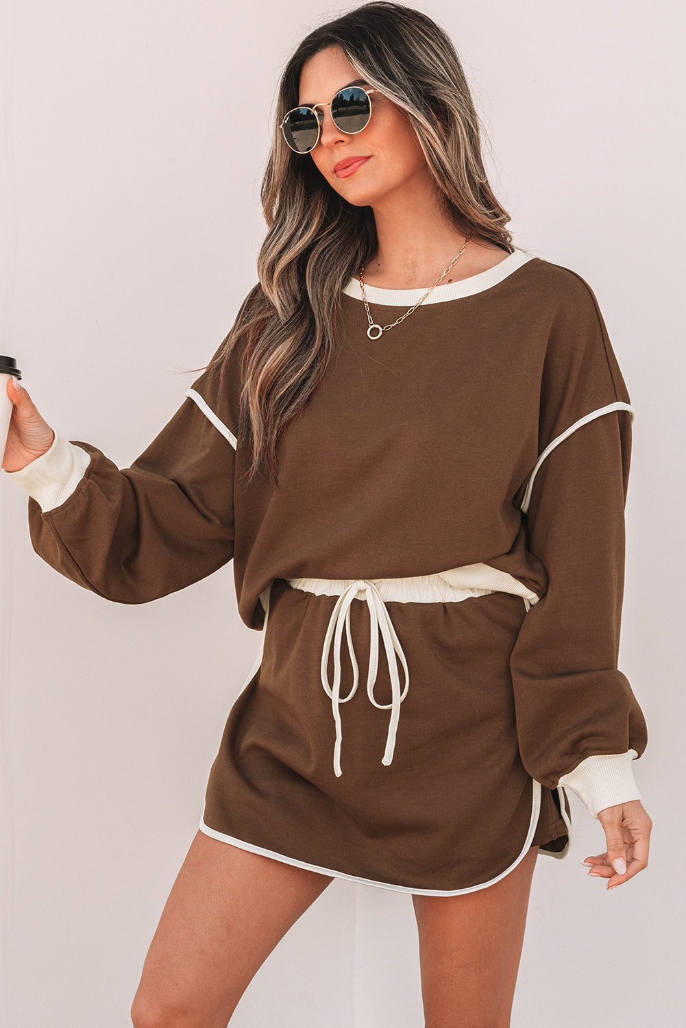Coffee Colour Contrast Loose Pullover and Lace-up Waist Skort Set eAura