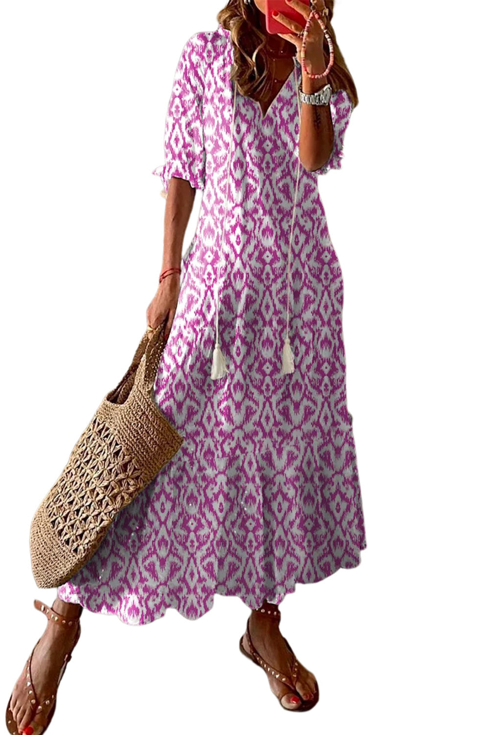 Pink V Neck Casual Geometric Print Maxi Dress eAura