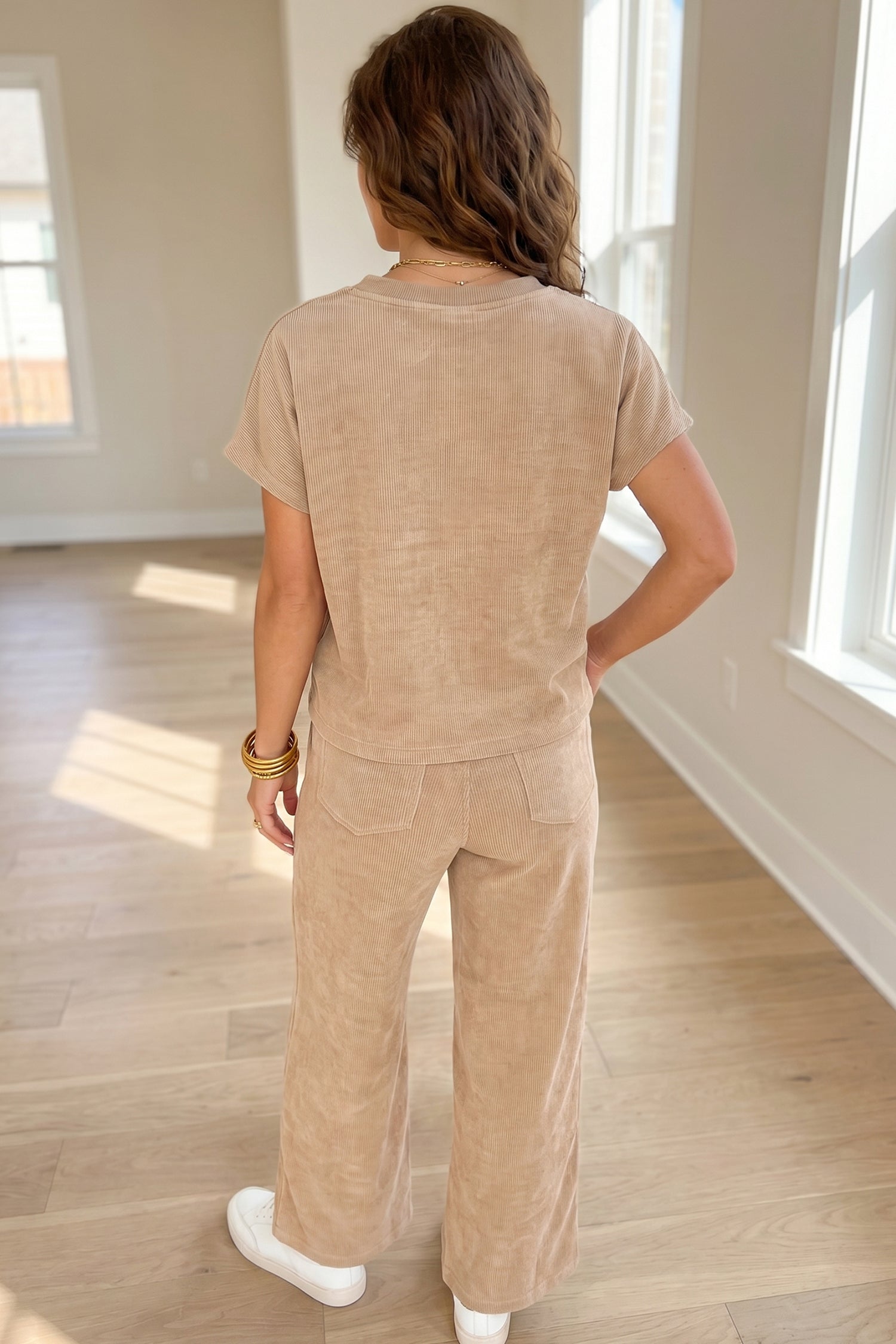 Solid Color Short Sleeve Ribbed Top Casual Pants 2pcs Set – Light French Beige