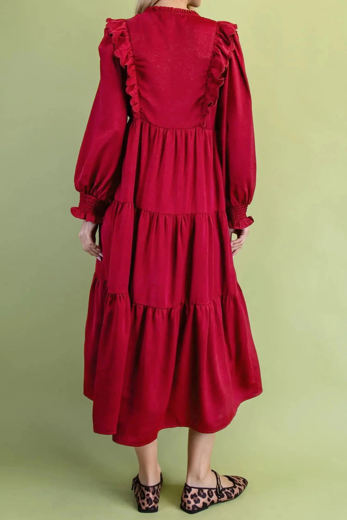 Solid Colour Ruffle Trim Long Sleeve Tiered Shift Midi Dress – Racing Red