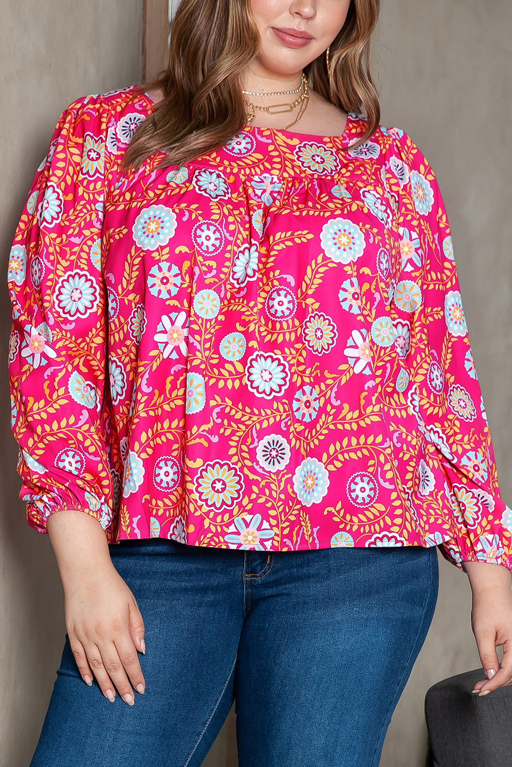 Pink Plus Size Square Neck Floral Blouse BB Fashion Outlet