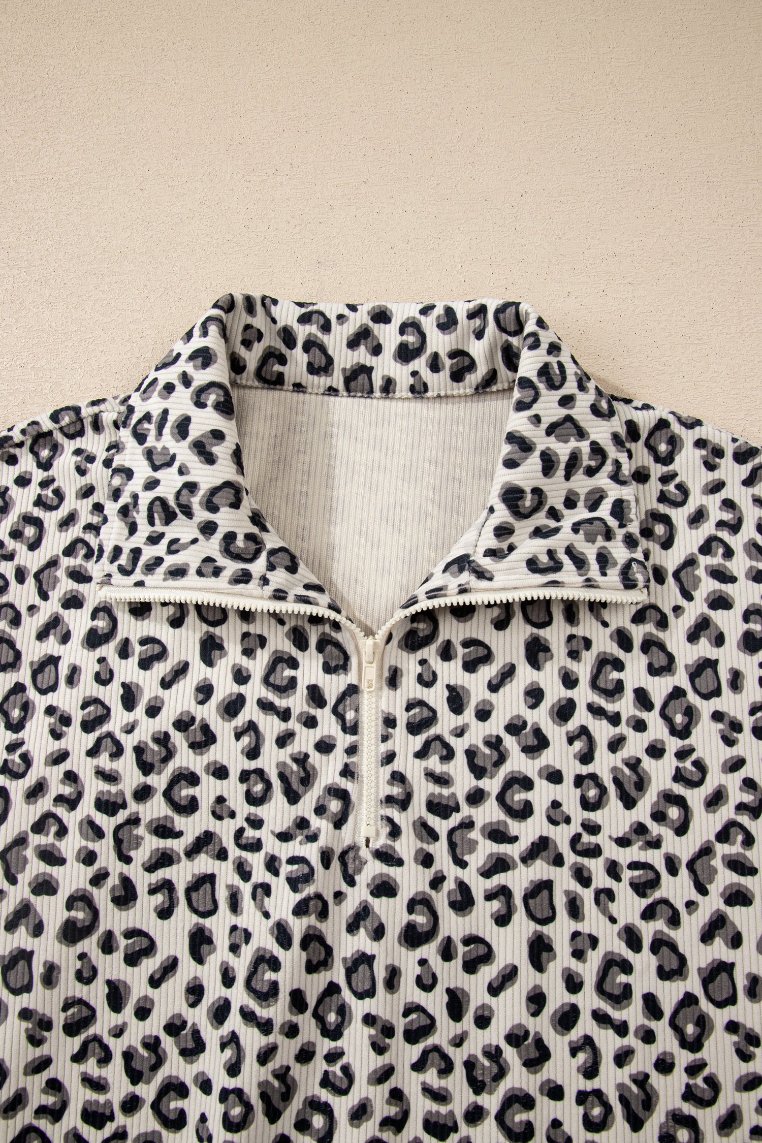 Leopard Print Quarter Zip Soft Corduroy Sweatshirt