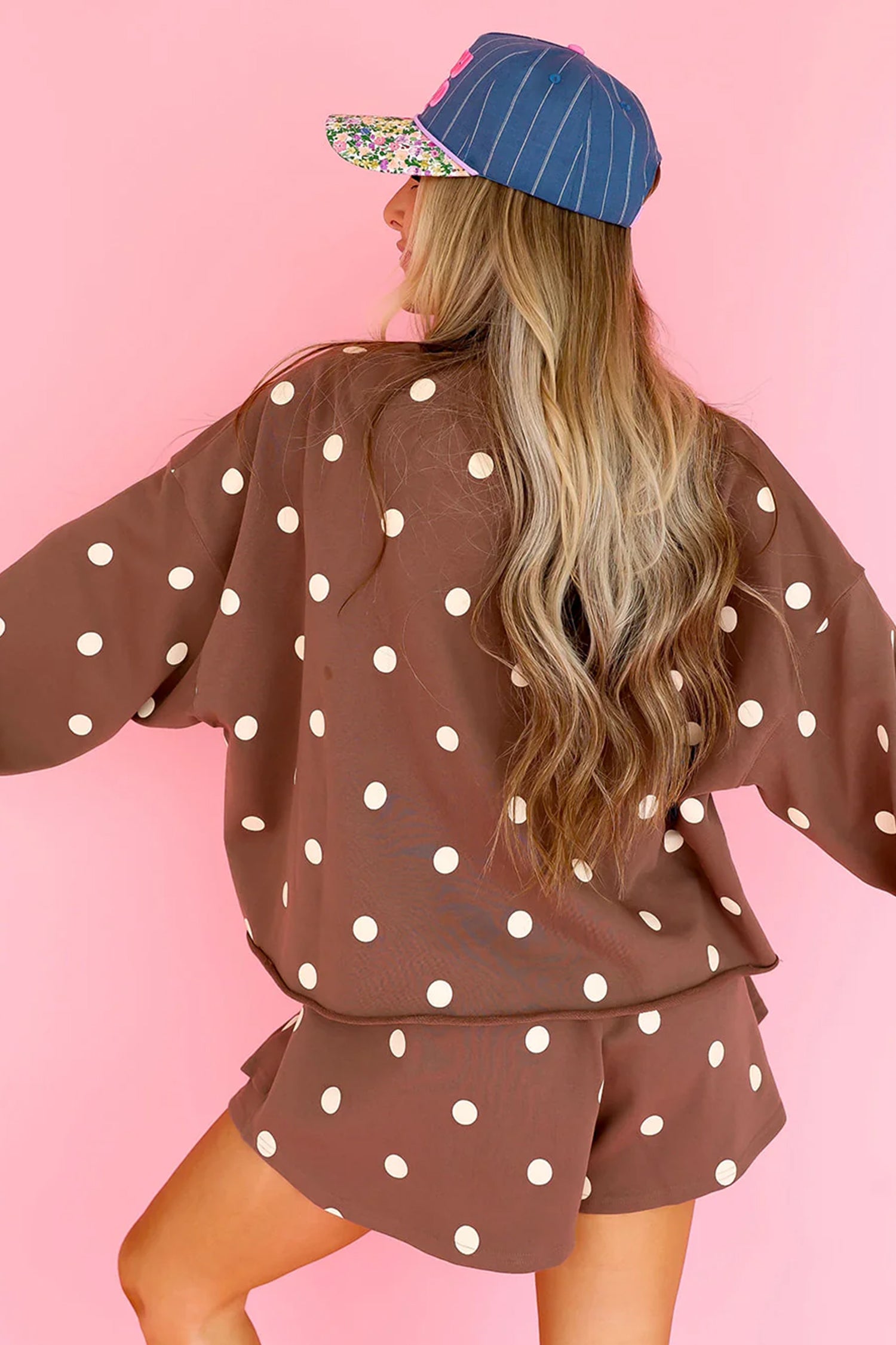 Polka Dot Raw Hem Relaxed Pullover Loose Skort Two Piece Set – Brown