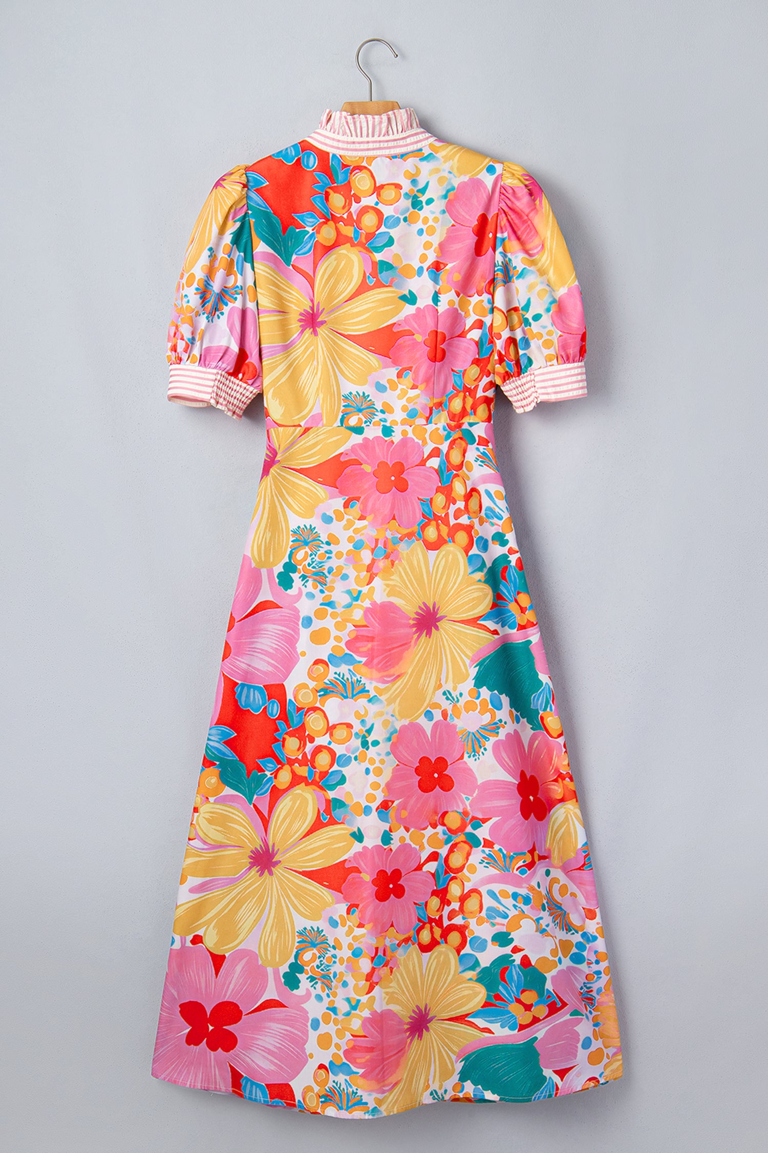 Floral Print Striped Trim Button-Down Shirt Dress