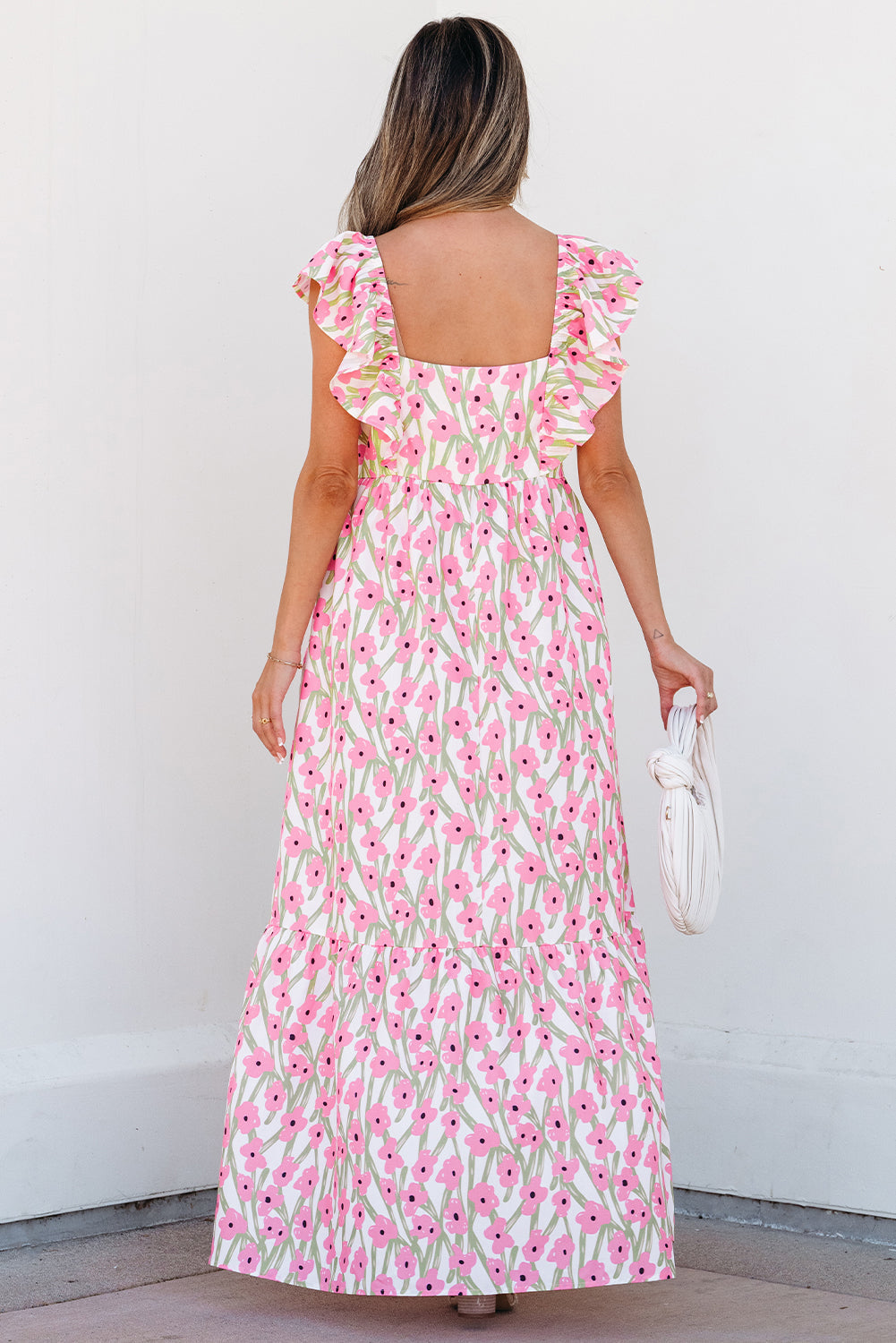 Pink Floral Print Square Neck Ruffled Strap Maxi Dress eAura