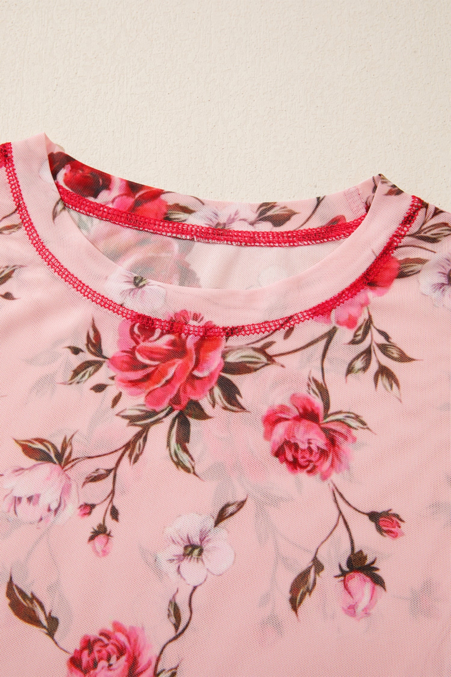 Floral Print Exposed Seam Detail Mesh Long Sleeve Top - eAura