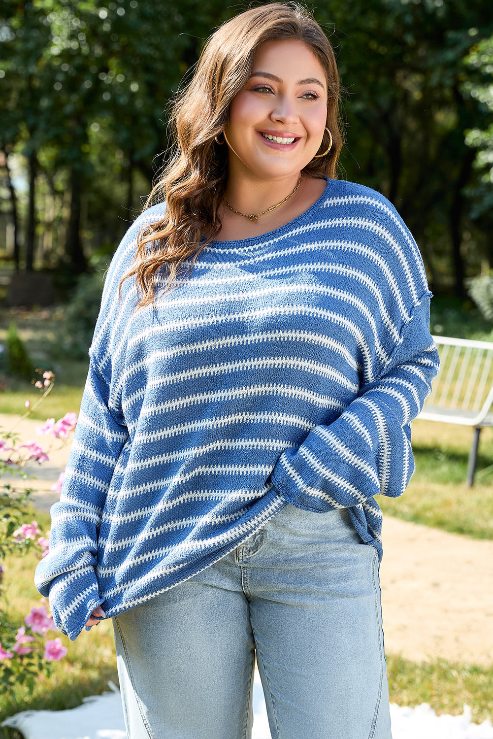 Sky Blue Stripe Drop Shoulder O Neck Plus Size Sweater BB Fashion Outlet