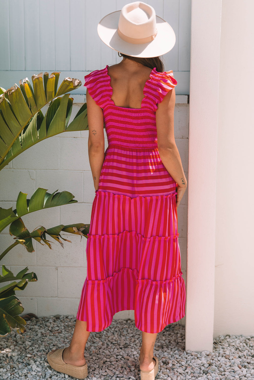Rose Stripe Flutter Sleeve Smocked Bodice Tiered Maxi Dress eAura