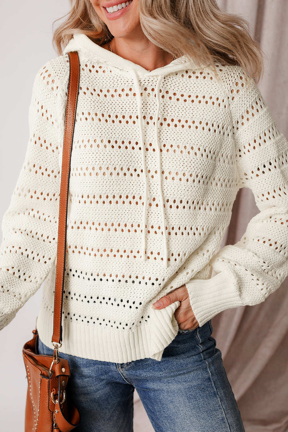 Peach Blossom Pointelle Knit Raglan Sleeve Hooded Sweater eAura