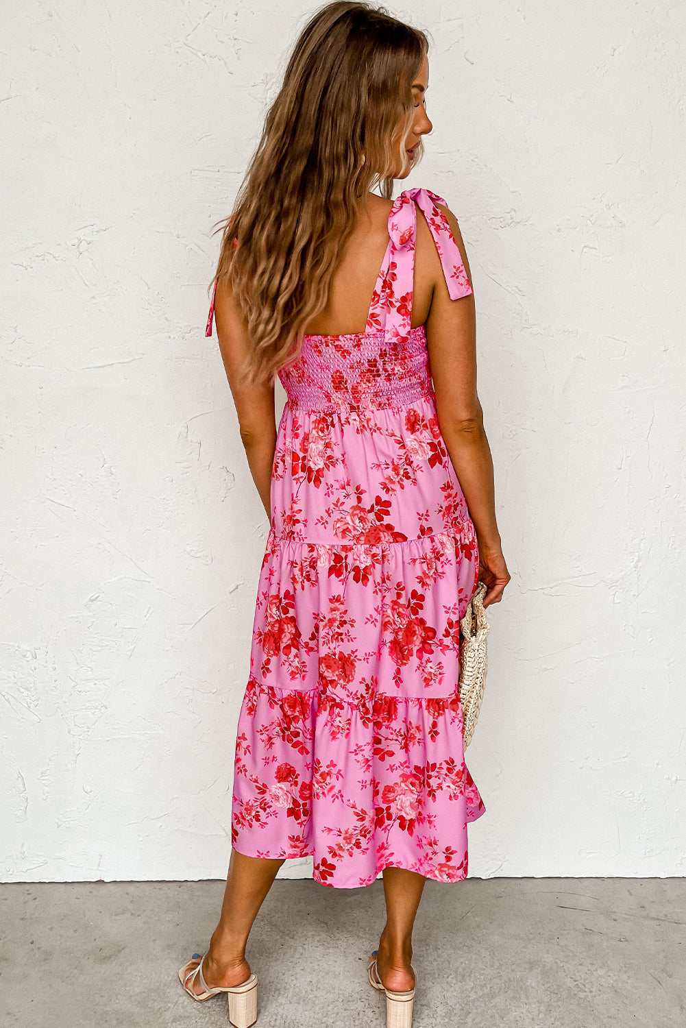 Pink Tie Shoulder Straps Tiered Floral Dress eAura
