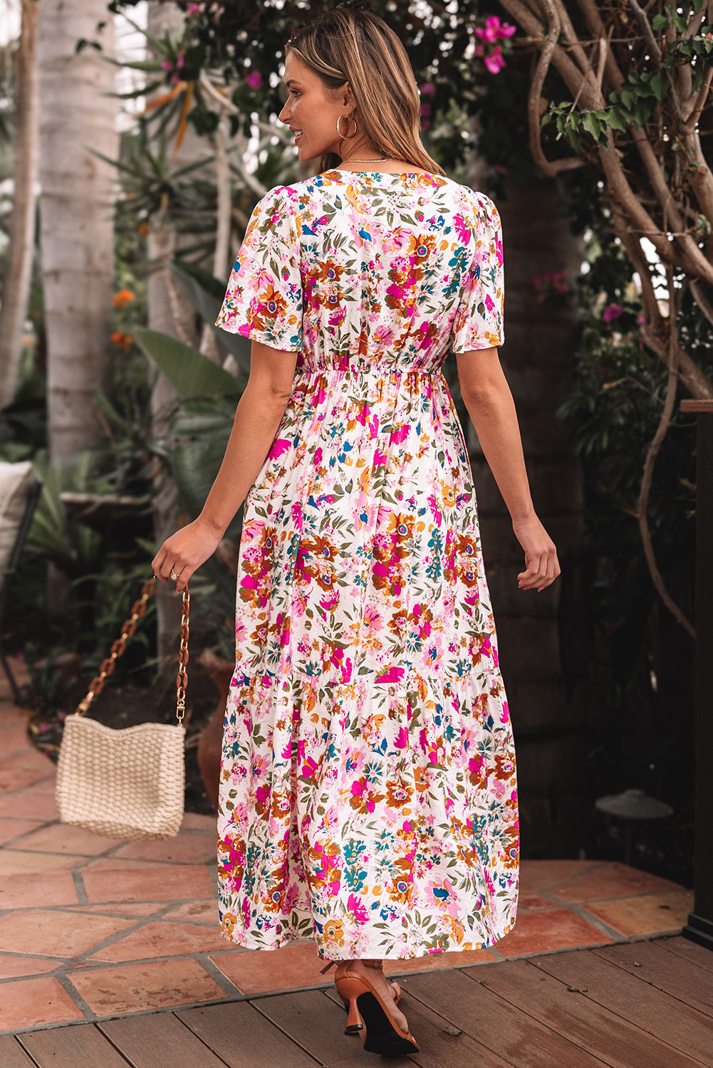 Red Floral Short Sleeve V Neck High Waist Maxi Dress eAura
