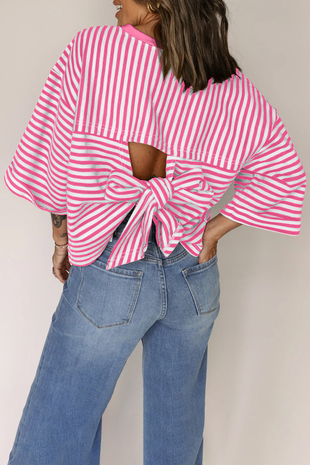 Pink Stripe Bowknot Cutout Back Drop Shoulder Wide Bracelet Sleeve Loose Tee eAura