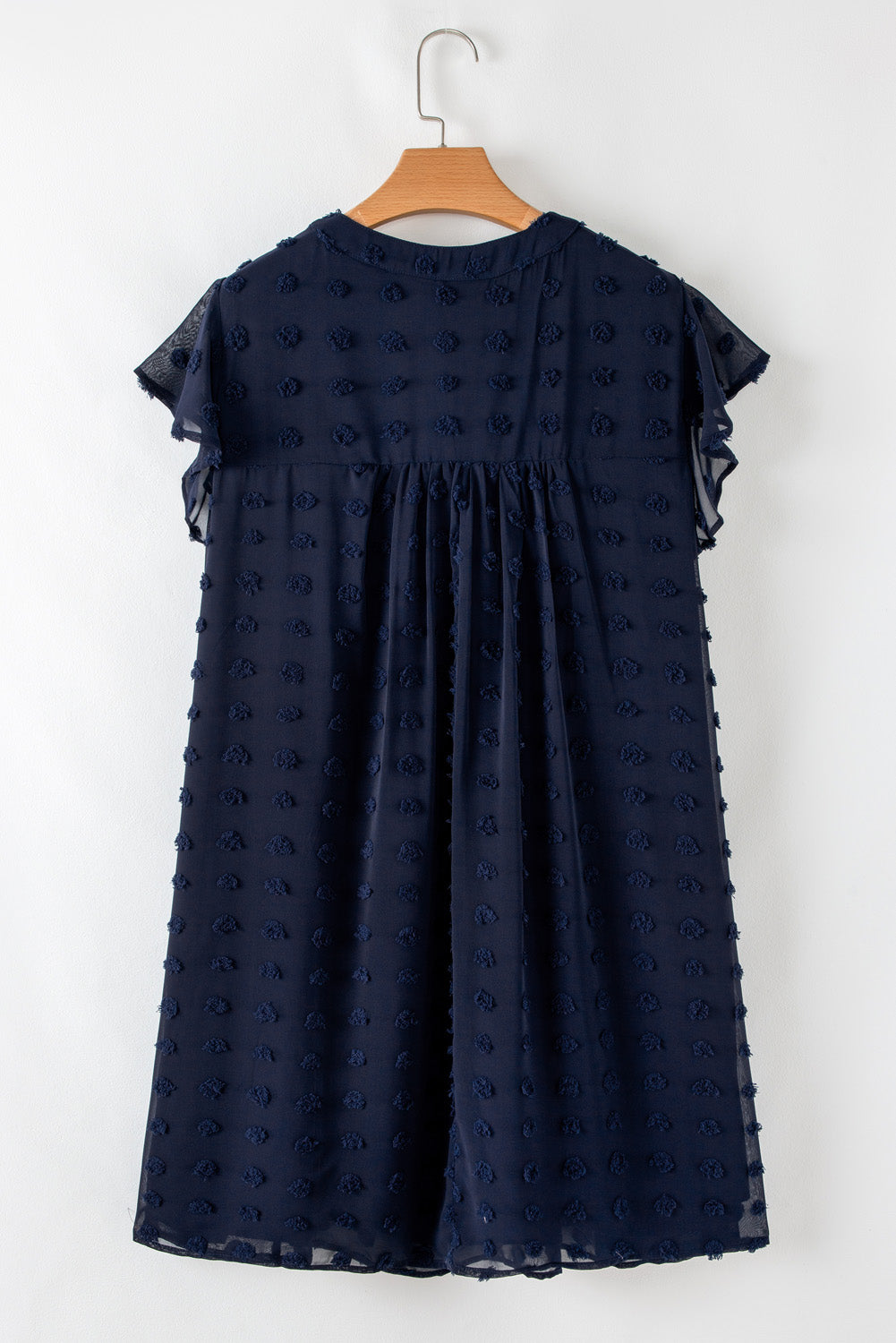 Navy Blue Dotty Textured Notched Neck Plus Ruffled Dress BB Fashion Outlet