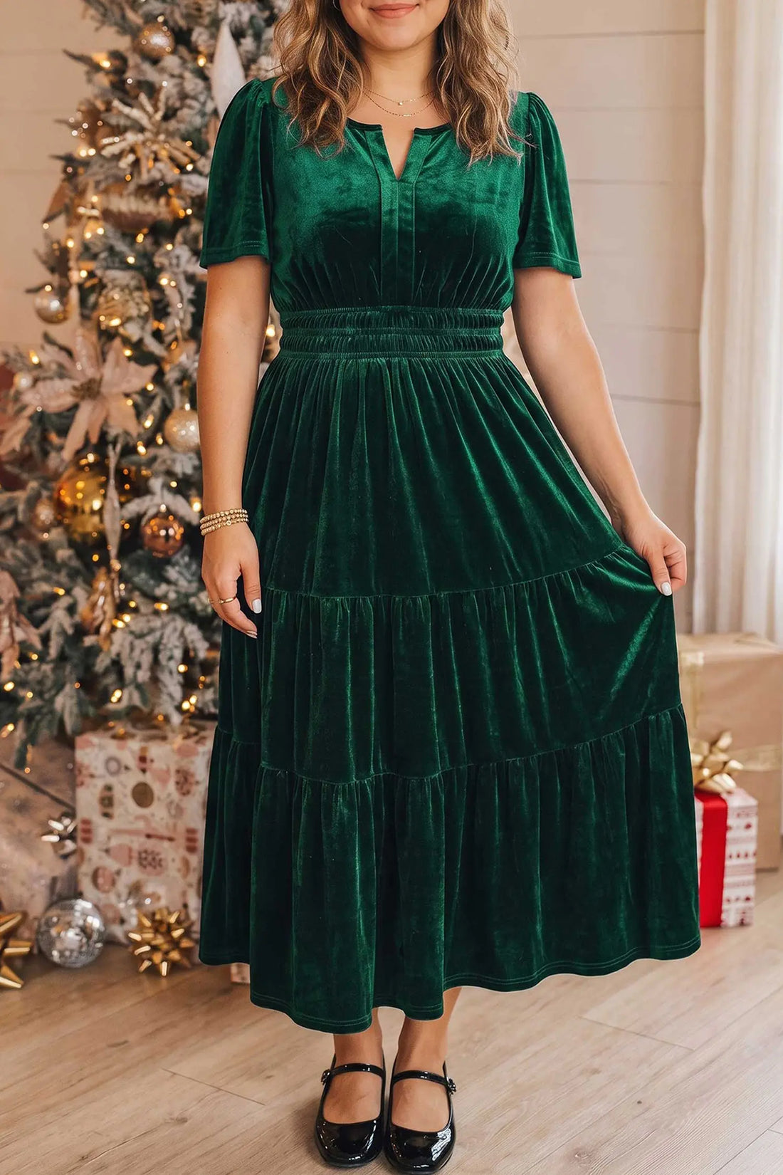 Velvet Short Sleeve Shirred Waist Tiered Plus Size Maxi Dress