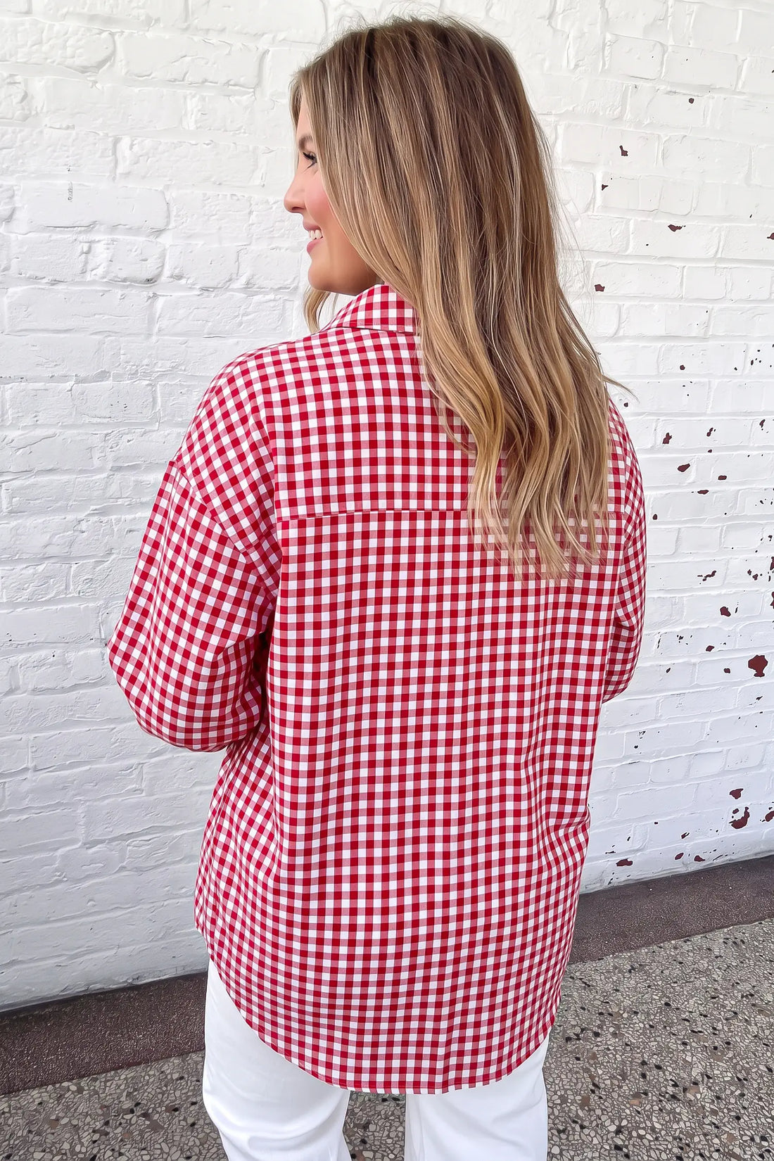 Plaid V Neck Long Sleeve Tunic Loose Fit Plus Size Shirt – Red