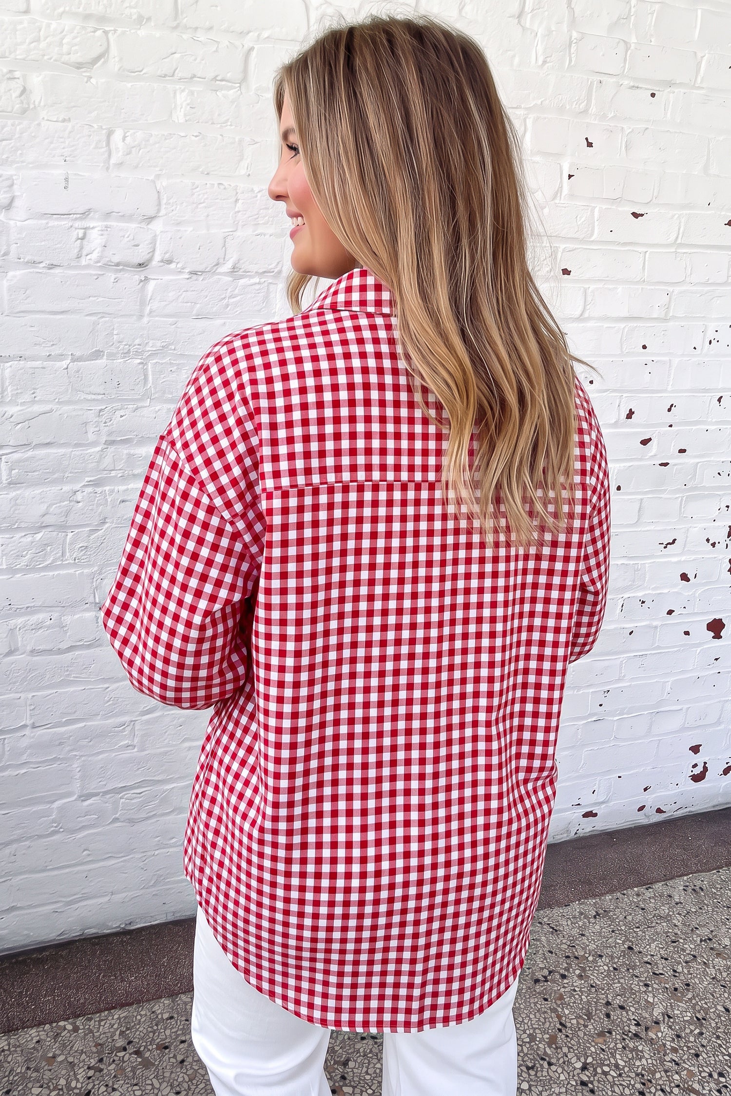 Plaid V Neck Long Sleeve Tunic Loose Fit Plus Size Shirt – Red