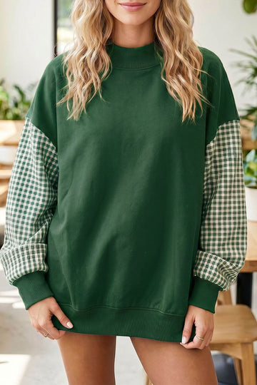 Plaid Sleeve Colorblock Loose Tunic Sweatshirt – Evergreen
