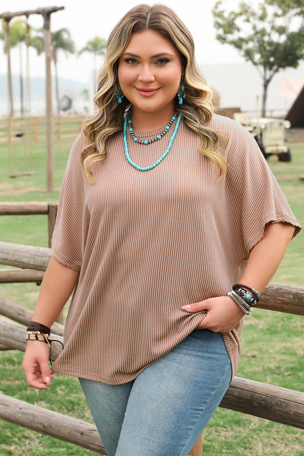Smoke Grey Ribbed Striped Crew Neck Plus Size Knit T Shirt BB Fashion Outlet