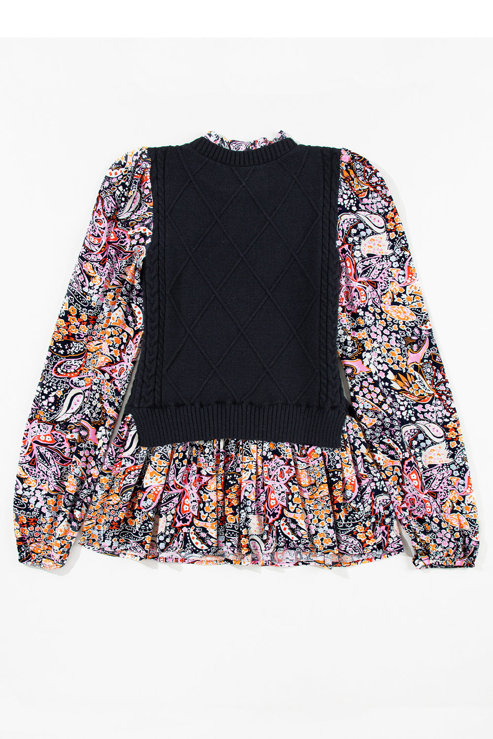 Black Contrast Floral Sleeve Peplum Sweater eAura