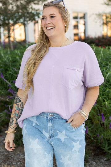 Orchid Petal Waffle Knit Short Sleeve Patched Pocket Plus Size Top BB Fashion Outlet